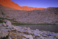 Sunset alpenglow on the mountains over Guitar Lake below Mt Whitney