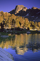 Golden light reflection of Kearsarge Pinnacles and forest across Kearsarge Lakes in Kings Canyon National Park