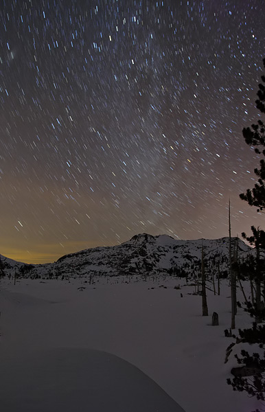 Star trails above Lake Aloha in the Sierra Nevada Mountains, El Dorado National Forest
