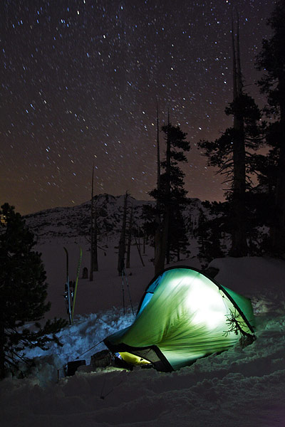 Star trails and winter camping at Lake Aloha, Desolation Wilderness