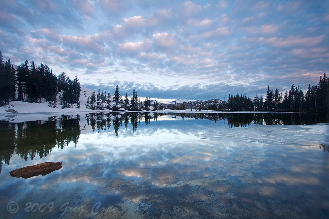 reflection of clouds in Cathedral Lakes, Yosemite National Park