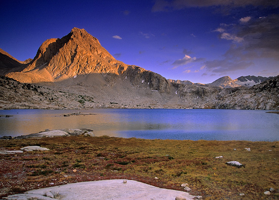 Alpenglow off Mount Huxley over Sapphire Lake in Evolution Basin.