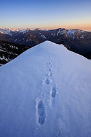 Footprints in the snow at sunset in the High Sierra