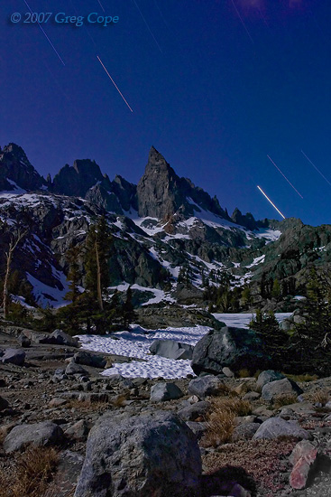 Night time star trails at Minaret Lake in the Ansel Adams Wilderness