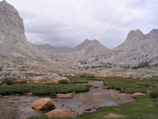 Granite walls enclosing lower Miter Basin in the High Sierra