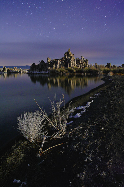 Moonrise long exposure view of tufa at Mono Lake in the Inyo National Forest