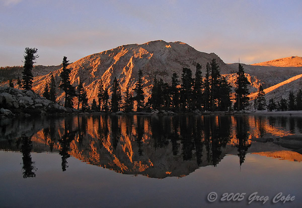 Sunset glowing off the northern mountains at Pear Lake