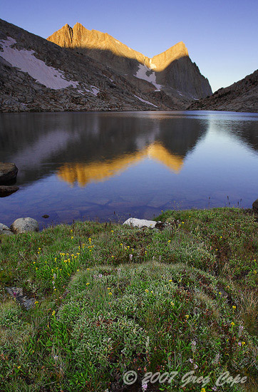 Sunrise over a lakeside meadow in the John Muir Wilderness